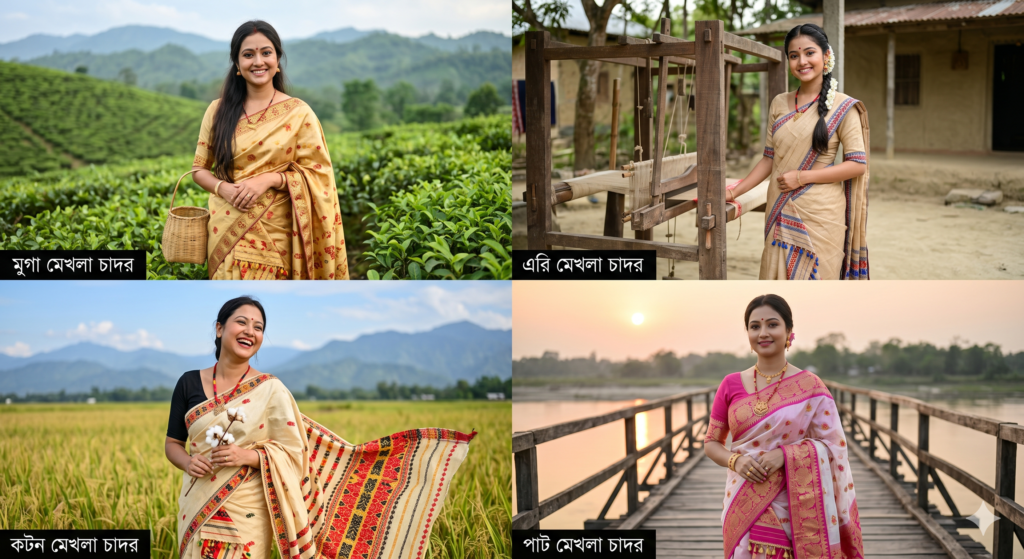 मूंगा मेखला चादर,पाट मेखला चादर, एरी मेखला चादर ओर कॉटन और टसर मेखला चादर