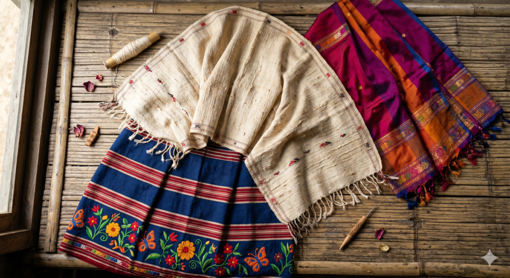 Meghalaya's 3 Iconic Textile Heritages of The ultimate guide to Meghalaya's textile heritage.
: Ryndia (Eri Silk), Khasi Dhara & Jainsem, and Garo Dakmanda.