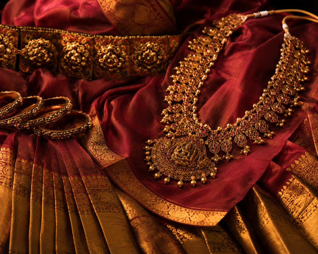 Temple jewelry and richly embroidered garments